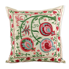 Load image into Gallery viewer, Pomegranate-Themed Embroidered Silk Blend Cushion Cover - Sweet Omens | NOVICA