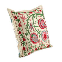 Load image into Gallery viewer, Pomegranate-Themed Embroidered Silk Blend Cushion Cover - Sweet Omens | NOVICA
