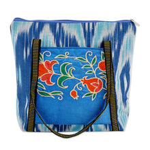 Load image into Gallery viewer, Floral Ikat-Patterned Blue Cotton Shoulder Bag with Zipper - Blue Fineness | NOVICA