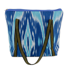 Load image into Gallery viewer, Floral Ikat-Patterned Blue Cotton Shoulder Bag with Zipper - Blue Fineness | NOVICA