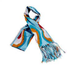 Load image into Gallery viewer, Handwoven Ikat-Patterned Silk Scarf in Blue and Warm Hues - Refreshing Uzbekistan | NOVICA
