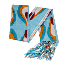 Load image into Gallery viewer, Handwoven Ikat-Patterned Silk Scarf in Blue and Warm Hues - Refreshing Uzbekistan | NOVICA
