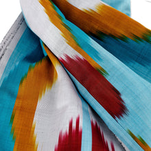 Load image into Gallery viewer, Handwoven Ikat-Patterned Silk Scarf in Blue and Warm Hues - Refreshing Uzbekistan | NOVICA