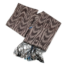 Load image into Gallery viewer, Hand-Woven Fringed Silk Ikat Scarf in Two Shades of Grey - Uzbek Flair | NOVICA