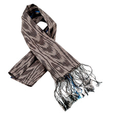 Load image into Gallery viewer, Hand-Woven Fringed Silk Ikat Scarf in Two Shades of Grey - Uzbek Flair | NOVICA