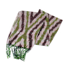 Load image into Gallery viewer, Hand-Woven Fringed Cotton Ikat Scarf in Green and Brown - Uzbek Style | NOVICA