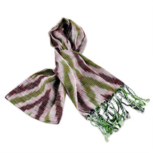 Load image into Gallery viewer, Hand-Woven Fringed Cotton Ikat Scarf in Green and Brown - Uzbek Style | NOVICA