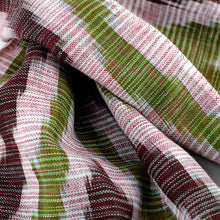 Load image into Gallery viewer, Hand-Woven Fringed Cotton Ikat Scarf in Green and Brown - Uzbek Style | NOVICA