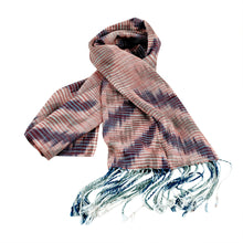 Load image into Gallery viewer, Hand-Woven Cotton Scarf with Blue and Green Ikat Patterns - Uzbek Trend | NOVICA