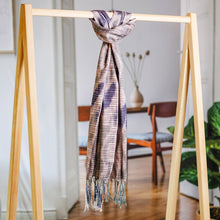 Load image into Gallery viewer, Hand-Woven Cotton Scarf with Blue and Green Ikat Patterns - Uzbek Trend | NOVICA