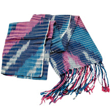 Load image into Gallery viewer, Hand-Woven Fringed Cotton Ikat Scarf in Blue Pink and White - Uzbek Fashion | NOVICA