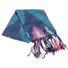 Load image into Gallery viewer, Hand-Woven Fringed Cotton Ikat Scarf in Blue Pink and White - Uzbek Fashion | NOVICA