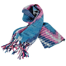 Load image into Gallery viewer, Hand-Woven Fringed Cotton Ikat Scarf in Blue Pink and White - Uzbek Fashion | NOVICA