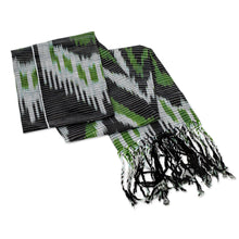 Load image into Gallery viewer, Hand-Woven Fringed Cotton Ikat Scarf in Black and Green - Uzbek Appeal | NOVICA