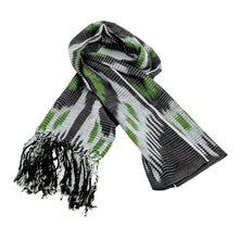 Load image into Gallery viewer, Hand-Woven Fringed Cotton Ikat Scarf in Black and Green - Uzbek Appeal | NOVICA
