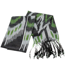 Load image into Gallery viewer, Hand-Woven Fringed Cotton Ikat Scarf in Black and Green - Uzbek Appeal | NOVICA
