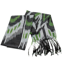 Load image into Gallery viewer, Hand-Woven Fringed Cotton Ikat Scarf in Black and Green - Uzbek Appeal | NOVICA