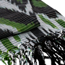 Load image into Gallery viewer, Hand-Woven Fringed Cotton Ikat Scarf in Black and Green - Uzbek Appeal | NOVICA