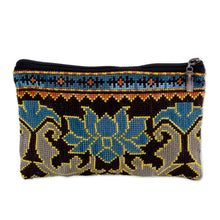 Load image into Gallery viewer, Floral Iroki Embroidered Silk Cosmetic Bag in Blue and Brown - Serene Oasis | NOVICA