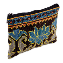 Load image into Gallery viewer, Floral Iroki Embroidered Silk Cosmetic Bag in Blue and Brown - Serene Oasis | NOVICA