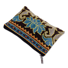 Load image into Gallery viewer, Floral Iroki Embroidered Silk Cosmetic Bag in Blue and Brown - Serene Oasis | NOVICA
