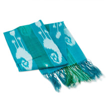 Load image into Gallery viewer, Handloomed Green and Blue Ikat Patterned Silk Scarf - Aquatic Road | NOVICA