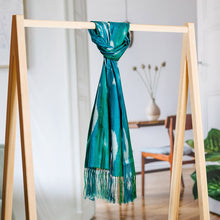 Load image into Gallery viewer, Handloomed Green and Blue Ikat Patterned Silk Scarf - Aquatic Road | NOVICA