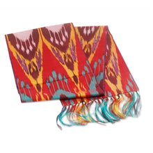 Load image into Gallery viewer, Handwoven Traditional Silk Scarf in Red and Teal Hues - Crimson Samarkand Renaissance | NOVICA