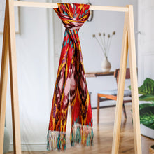 Load image into Gallery viewer, Handwoven Traditional Silk Scarf in Red and Teal Hues - Crimson Samarkand Renaissance | NOVICA