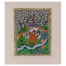 Load image into Gallery viewer, Folk Art Watercolor Painting of Couple and Peacocks - Farhod and Shirin IV | NOVICA