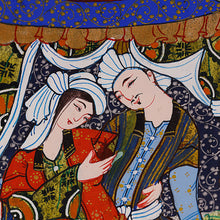 Load image into Gallery viewer, Folk Art Watercolor Painting of Couple and Peacocks - Farhod and Shirin IV | NOVICA