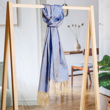 Load image into Gallery viewer, Handwoven Striped Blue Silk Shawl with Fringes - Sky of the Desert | NOVICA