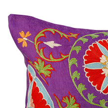 Load image into Gallery viewer, Embroidered Purple Silk and Cotton Cushion Cover - Glimpses of Purple Nobility | NOVICA