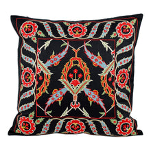Load image into Gallery viewer, Classic Leafy Embroidered Black Silk Blend Cushion Cover - Arcadia Nights | NOVICA