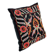 Load image into Gallery viewer, Classic Leafy Embroidered Black Silk Blend Cushion Cover - Arcadia Nights | NOVICA
