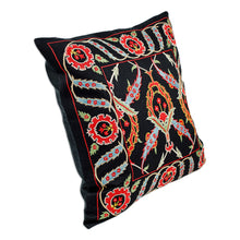 Load image into Gallery viewer, Classic Leafy Embroidered Black Silk Blend Cushion Cover - Arcadia Nights | NOVICA