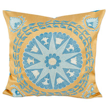 Load image into Gallery viewer, Star and Leafy-Themed Blue and Yellow Cushion Cover - Heaven's Shine | NOVICA