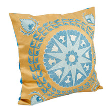 Load image into Gallery viewer, Star and Leafy-Themed Blue and Yellow Cushion Cover - Heaven's Shine | NOVICA