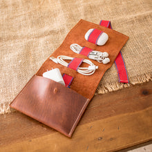 Load image into Gallery viewer, Brown Leather Cable Case with Claret Cotton Textile - Claret Keeper | NOVICA