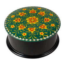 Load image into Gallery viewer, Floral Round Black and Green Papier Mache Jewelry Box - Primavera in Green | NOVICA