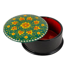 Load image into Gallery viewer, Floral Round Black and Green Papier Mache Jewelry Box - Primavera in Green | NOVICA