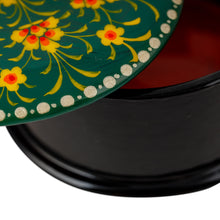 Load image into Gallery viewer, Floral Round Black and Green Papier Mache Jewelry Box - Primavera in Green | NOVICA
