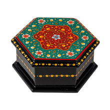 Load image into Gallery viewer, Floral Hexagon-Shaped Teal and Red Papier Mache Jewelry Box - Altar to Splendor | NOVICA
