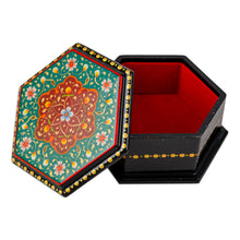 Load image into Gallery viewer, Floral Hexagon-Shaped Teal and Red Papier Mache Jewelry Box - Altar to Splendor | NOVICA