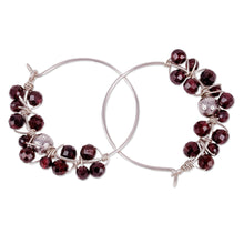 Load image into Gallery viewer, Sterling Silver and Natural Garnet Beaded Hoop Earrings - Passionate Bubbles | NOVICA