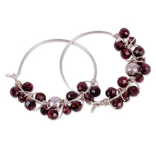 Load image into Gallery viewer, Sterling Silver and Natural Garnet Beaded Hoop Earrings - Passionate Bubbles | NOVICA