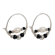 Load image into Gallery viewer, Cultured Pearl and Natural Obsidian Beaded Hoop Earrings - Triumphant Me | NOVICA