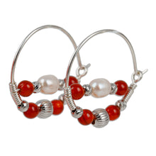 Load image into Gallery viewer, Cultured Pearl and Natural Carnelian Beaded Hoop Earrings - Courageous Me | NOVICA