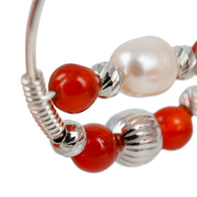 Load image into Gallery viewer, Cultured Pearl and Natural Carnelian Beaded Hoop Earrings - Courageous Me | NOVICA