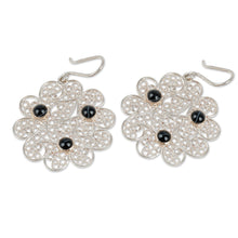 Load image into Gallery viewer, Floral Filigree Dangle Earrings with Black Agate Cabochons - Mysterious Madame | NOVICA